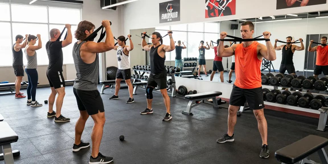Gruppe von Bodybuildern, die im Fitnessstudio Anabolika Shop Deutschland trainieren und Teamarbeit sowie Stärke zeigen.