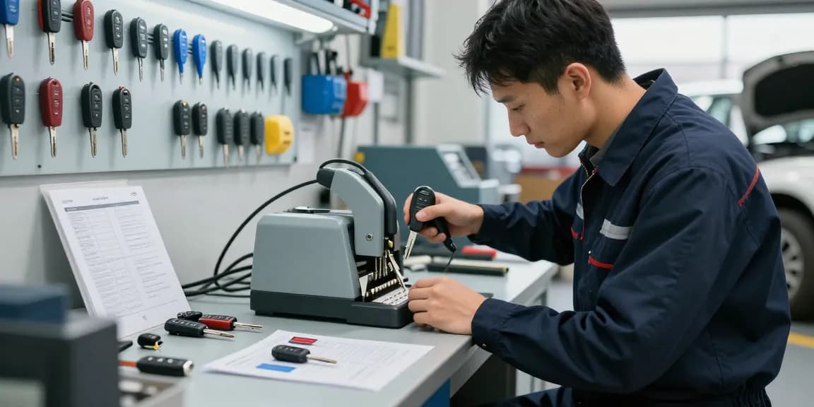 Autoschlüssel nachmachen in einer professionellen Werkstatt mit einem Techniker, der einen Autoschlüssel kopiert.