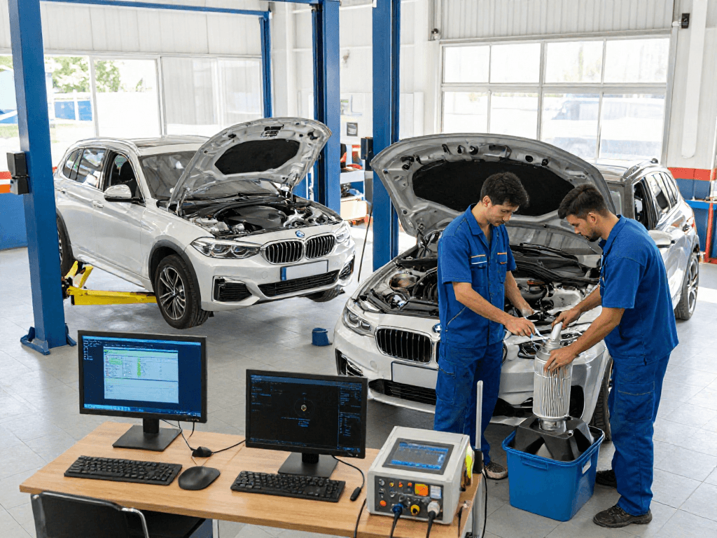 Professionelles BMW Werkstatt Hannover mit Mechanikern bei der Fahrzeuginspektion und DPF-Reinigung.