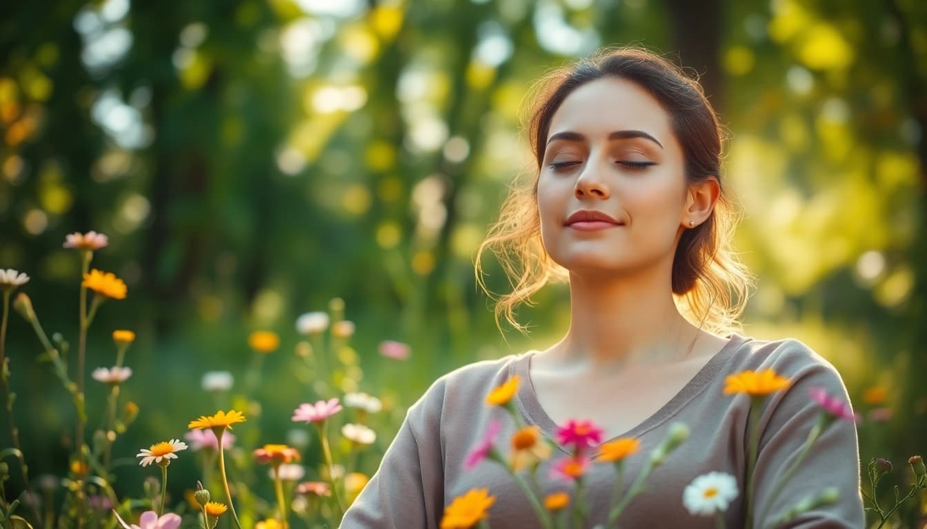 Enhance emotional wellbeing through meditation, featuring a serene woman surrounded by nature.