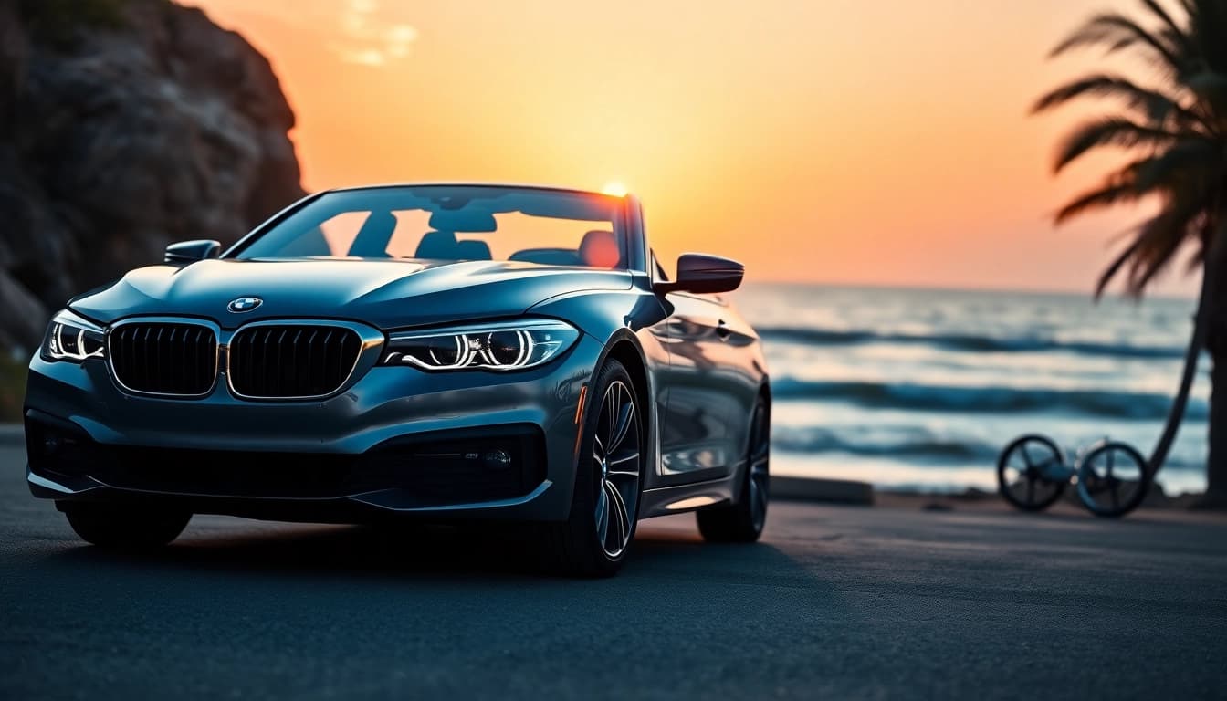 BMW kaufen: Eleganter BMW an der Küste mit malerischem Sonnenuntergang.