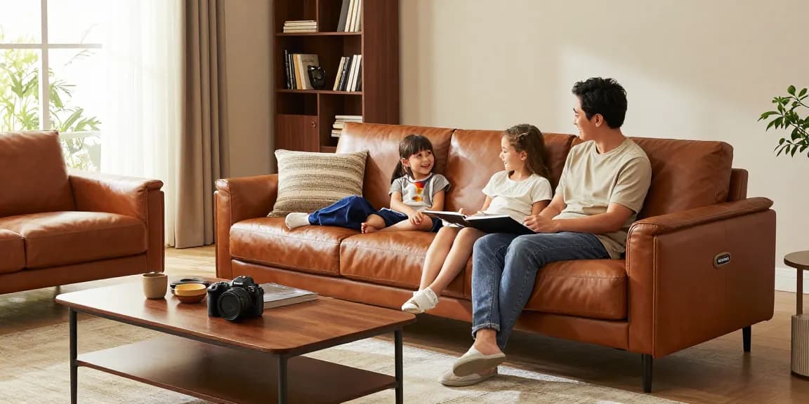 Baxter Möbel Erfahrungen: Familie genießt das luxuriöse Baxter Sofa in einem stilvollen Wohnzimmer.
