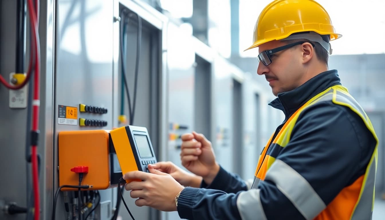 Technician conducting a DGUV V3 Prüfung with electrical testing equipment in a safe industrial environment.