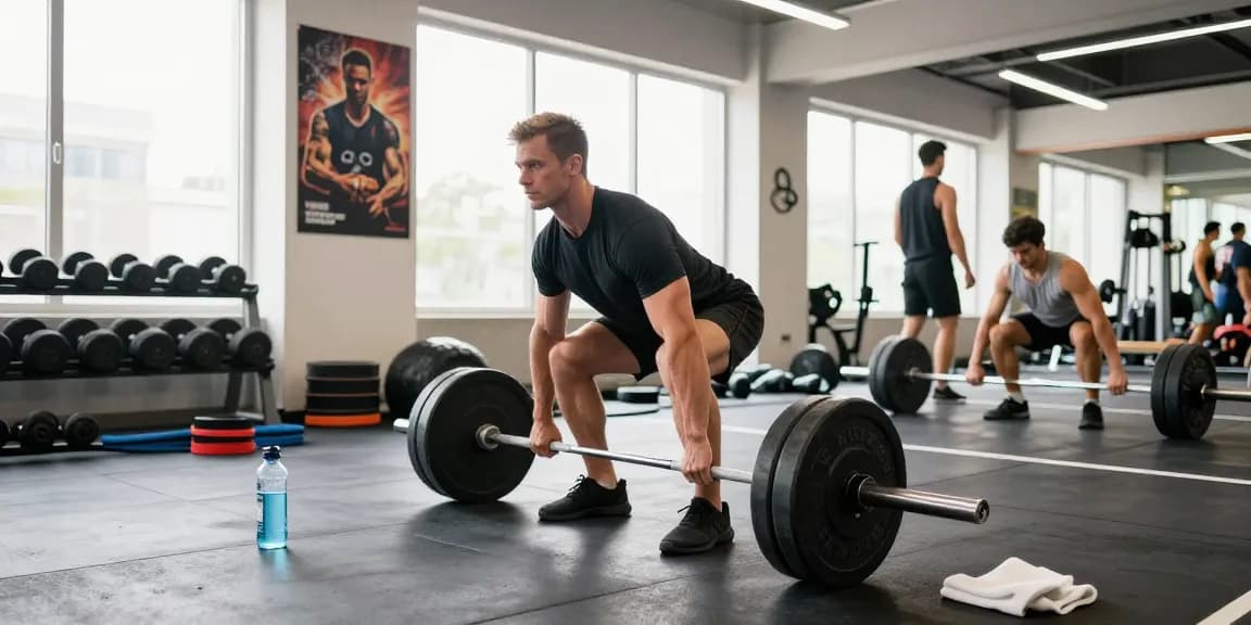Anabolika Shop – Bodybuilder beim Deadlift-Training in moderner Fitnessumgebung mit motivierender Atmosphäre