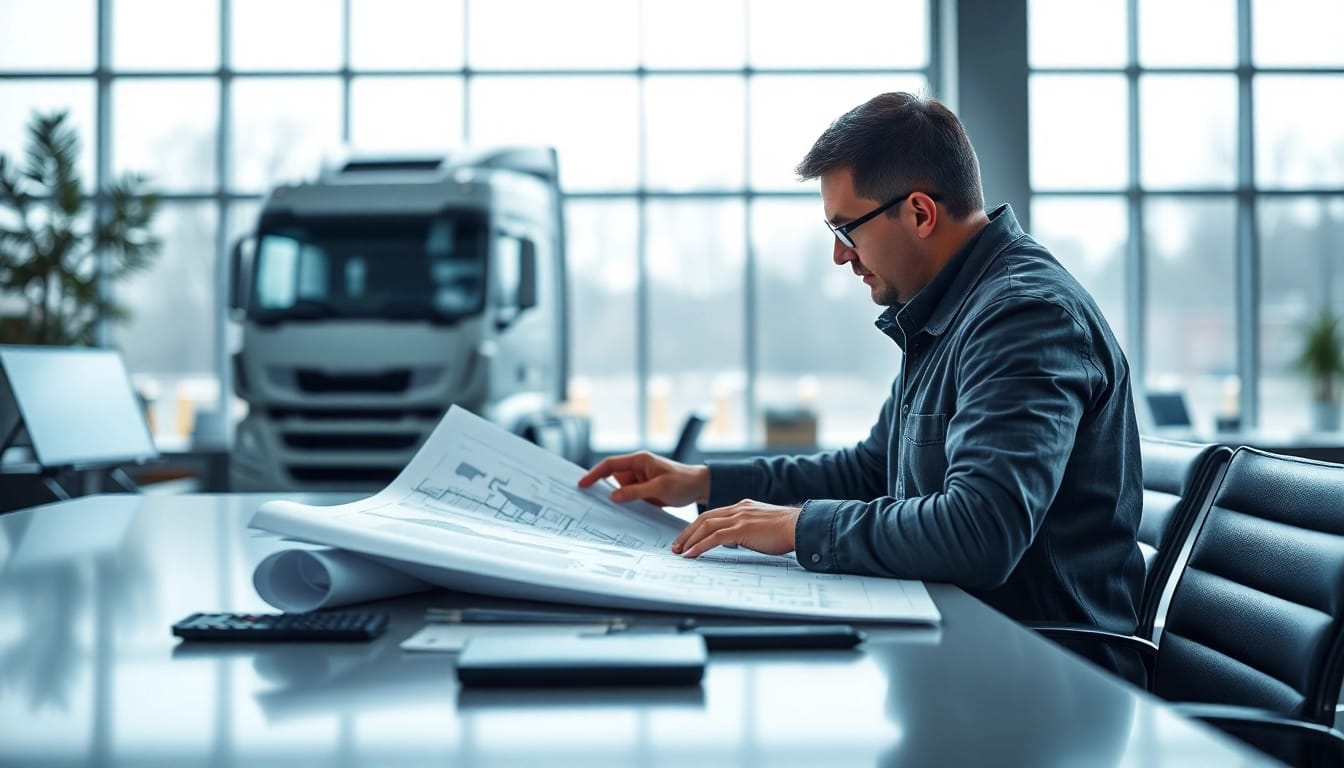 Lkw Gutachten Augsburg in modern office with technician reviewing documents.