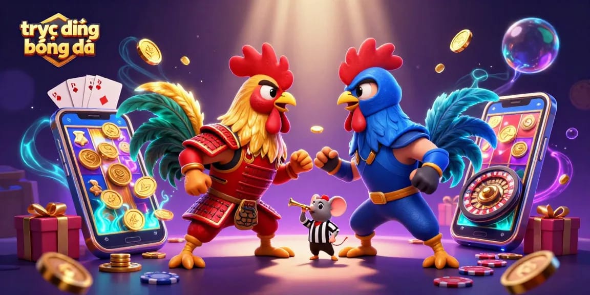 Watch trực tiếp bóng đá in this vibrant, action-packed illustration featuring cartoon roosters and casino elements.