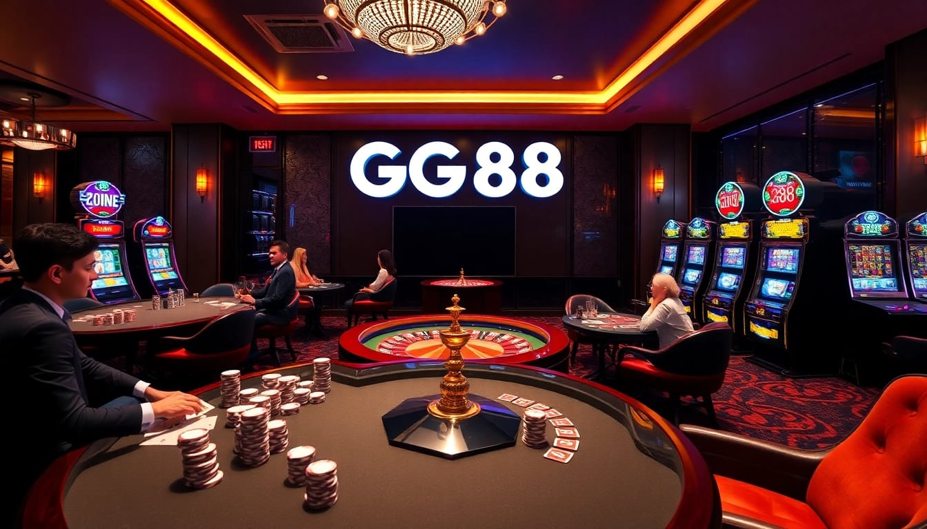 Experience the thrilling atmosphere at GG88 with immersive gambling visuals of card tables and roulette.
