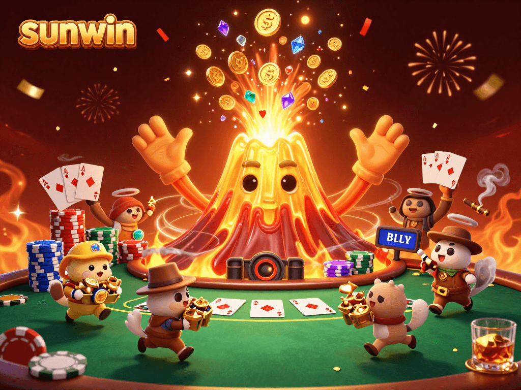 Engage with sunwin at this vibrant 3D casino illustration showcasing an erupting volcano of wealth and excitement.