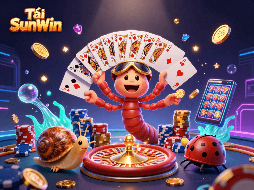 Tải SunWin showcases a lively casino scene with a millipede dealer and high-roller snail delighting in vibrant games.