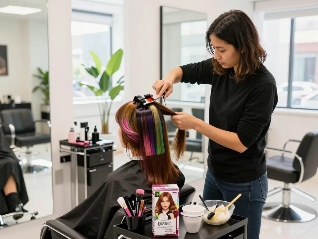 Aplicação de cor de cabelo em um salão vibrante, mostrando técnicas de coloração cabelo e interação profissional.