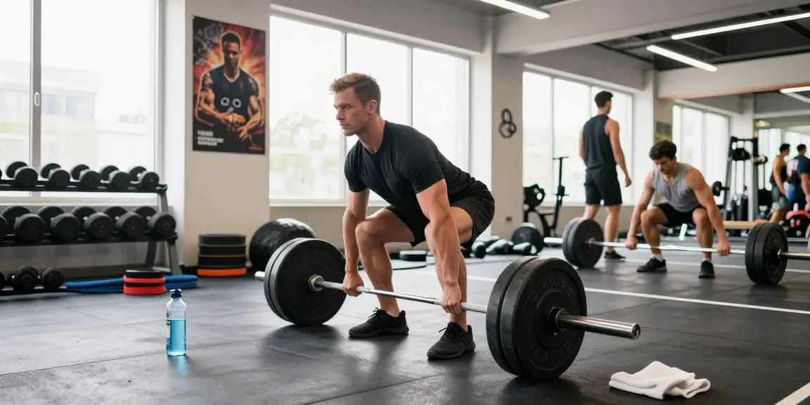 Anabolika Shop – Bodybuilder beim Deadlift-Training in moderner Fitnessumgebung mit motivierender Atmosphäre