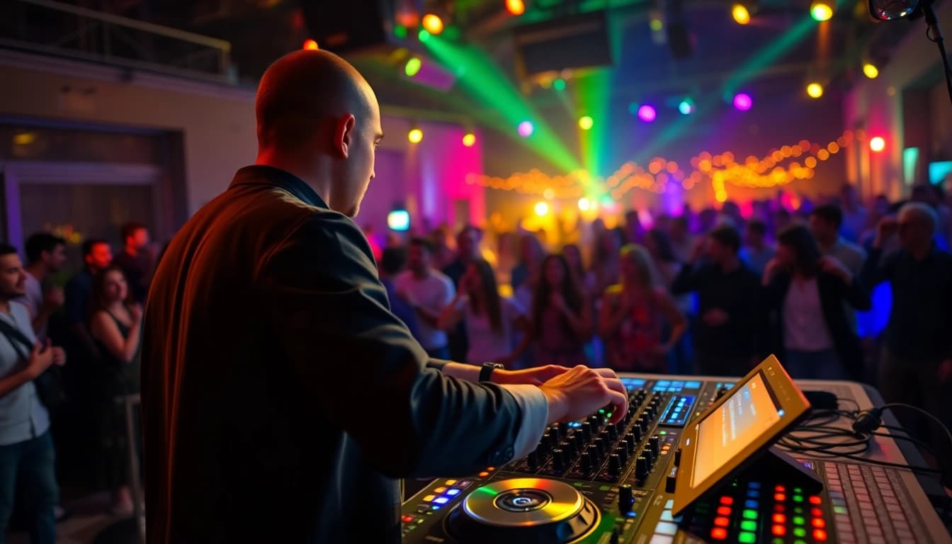 DJ aus München begeistert das Publikum auf einer lebhaften Veranstaltung.
