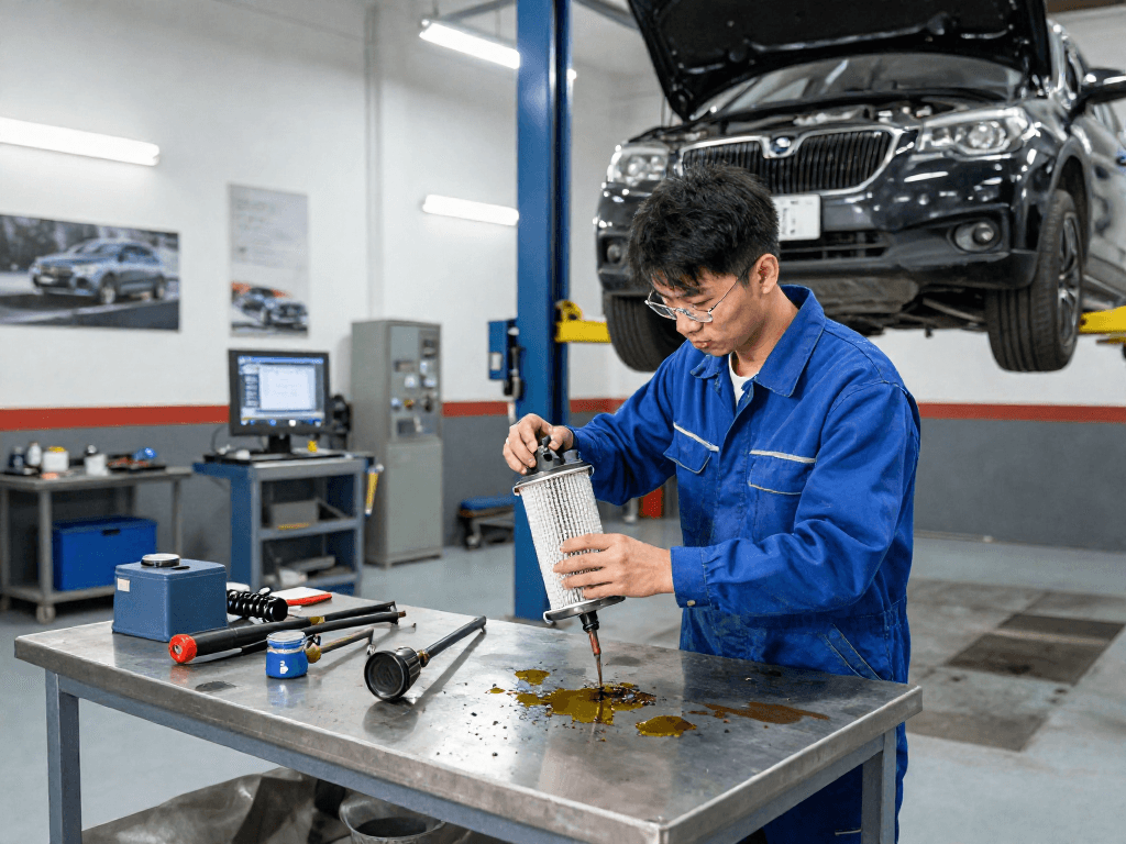 DPF Reinigung Hannover: Mechaniker überprüft Dieselpartikelfilter in einer modern beleuchteten Werkstatt.