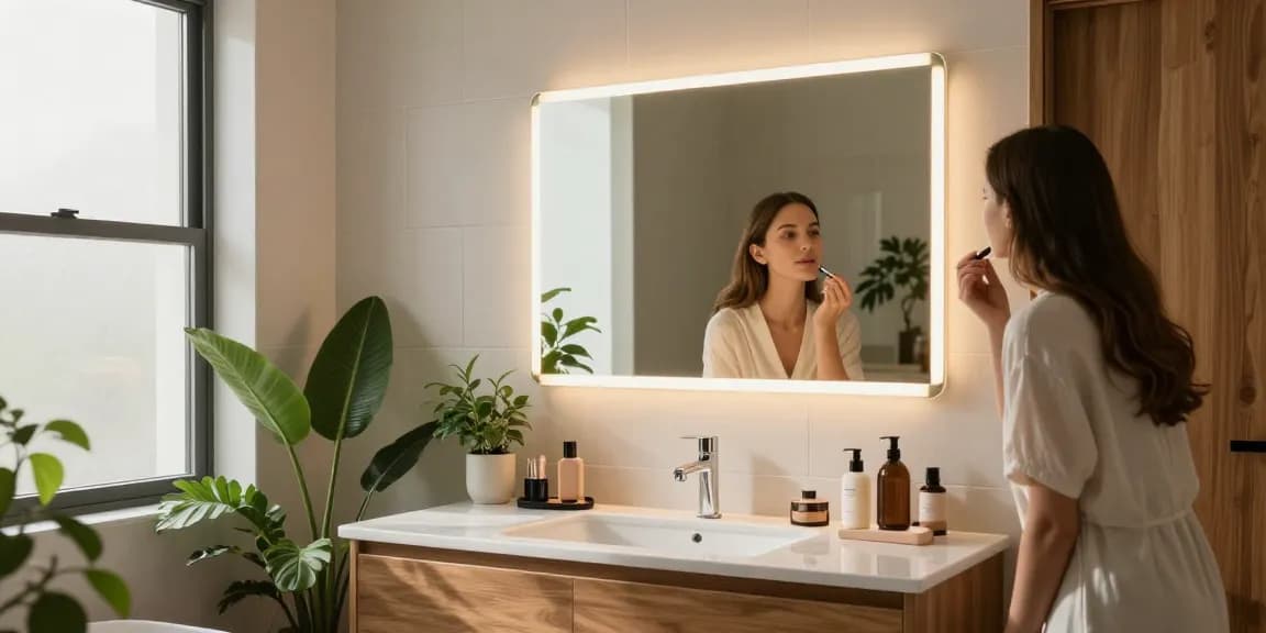 Moderne badkamer met badkamerspiegel met verlichting en verwarming die een uitnodigende sfeer versterkt.