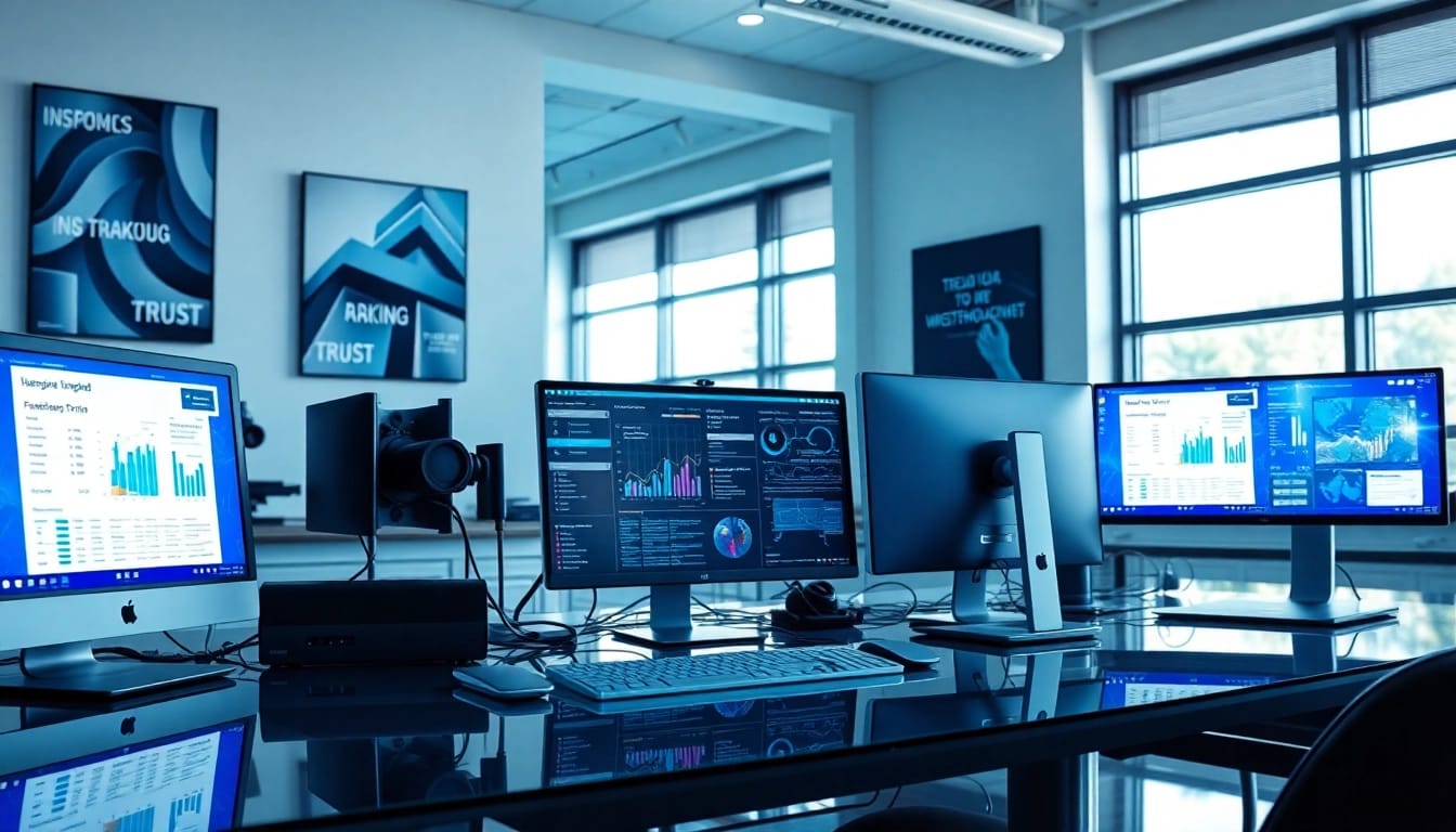 Technologie Arbeitsplatz mit modernen Geräten und lebendigen Bildschirmen zur Datenanalyse.