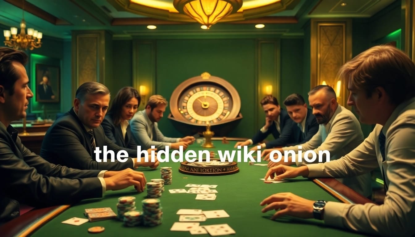 High-stakes gambling scene featuring poker action on "the hidden wiki onion" references for strategic play.