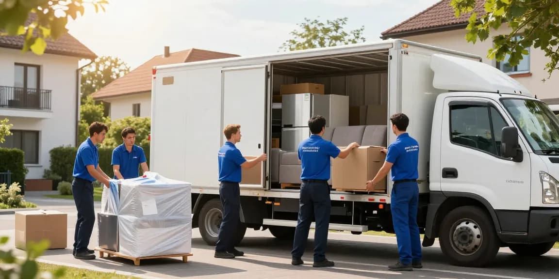 Umzugsunternehmen Darmstadt - professionelle Umzugshelfer beim Verpacken von Möbeln in einem Wohngebiet.