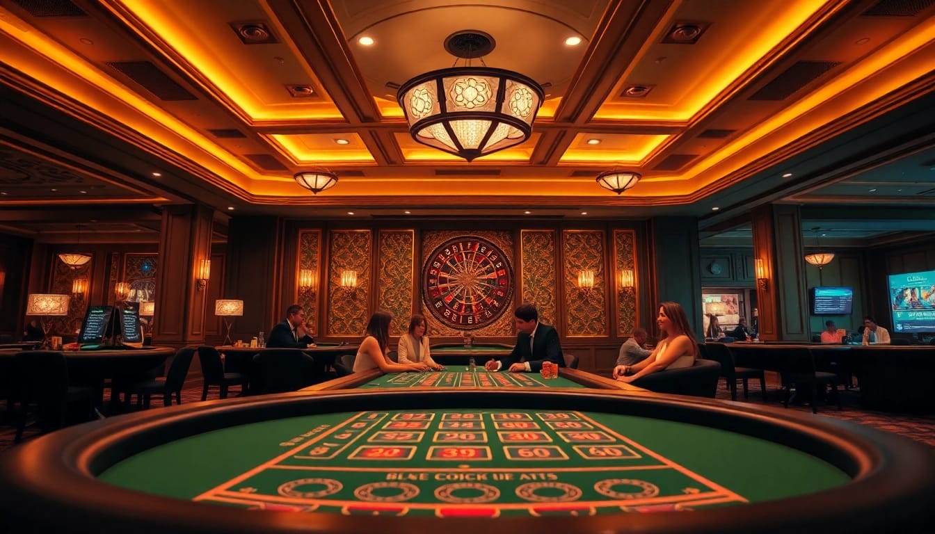 Erlebe Spannung im casino ohne anmeldung mit einem Spieltisch in goldenen Tönen und fröhlichen Spielern.