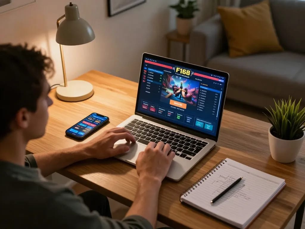 Engaging in online gaming at F168 with a laptop and betting notes in a cozy home setup.