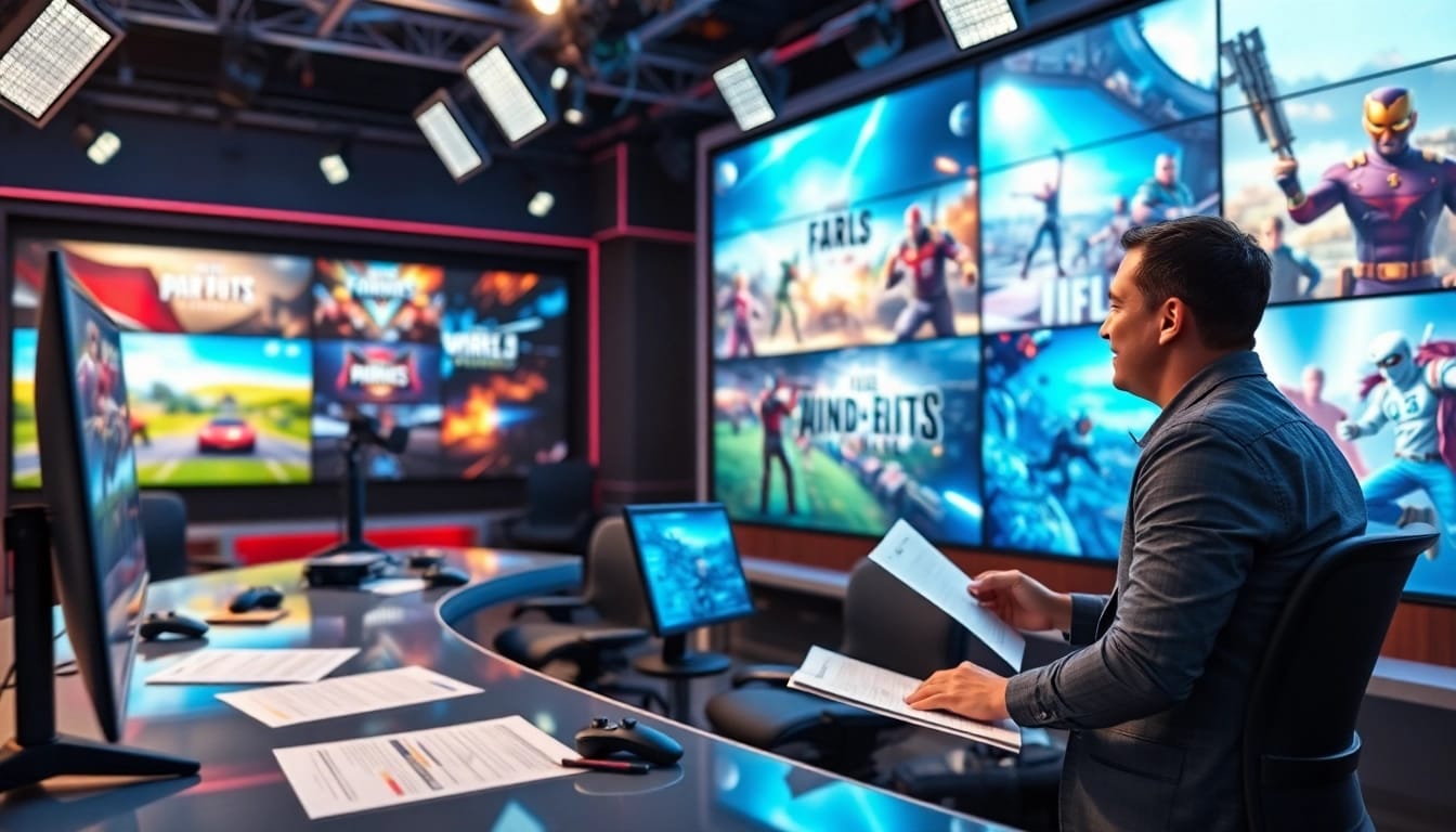 Aktuelle Spiele News in einem dynamischen Nachrichtensetting mit lebhaften Grafiken.