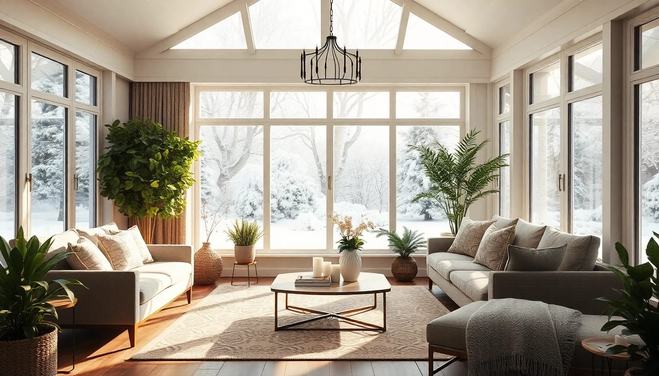 Wintergarten Anbau Wohnzimmer: Gemütlicher Wintergarten mit modernen Möbeln und Pflanzen sorgt für mehr Wohnraum.