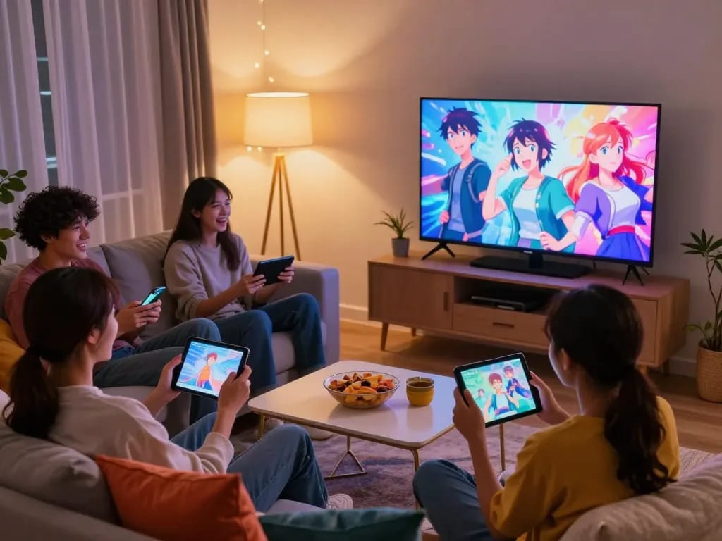 Group of friends playing game sex visual novel on large screen in cozy home.