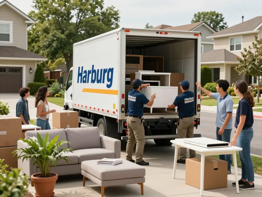 Effiziente Umzugshelfer von umzugsfirma harburg beladen Möbel in einen Lkw während eines Wohnungsumzugs.