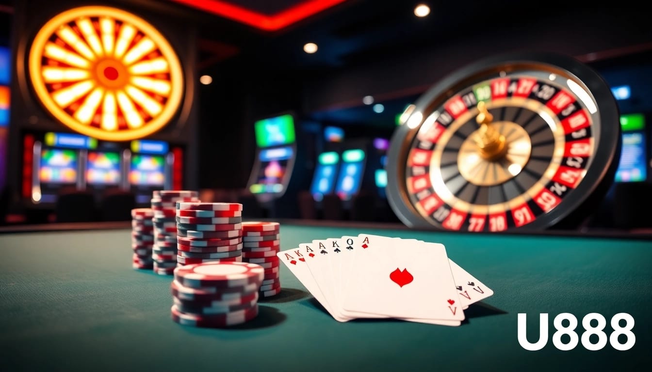Experience a thrilling moment at the U888 poker table with vibrant chips and cards.