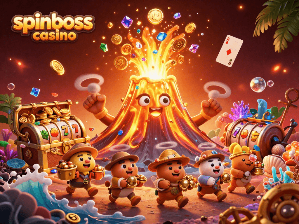 spinboss casino: Genießen Sie spannende Slot-Abenteuer mit einem eruptierenden Vulkan voller Schätze.