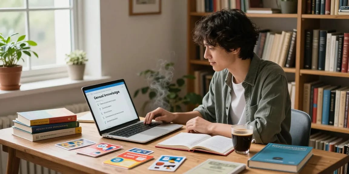 Engaging quiz scene showcasing a person testing their Quiz Allgemeinwissen knowledge at home.