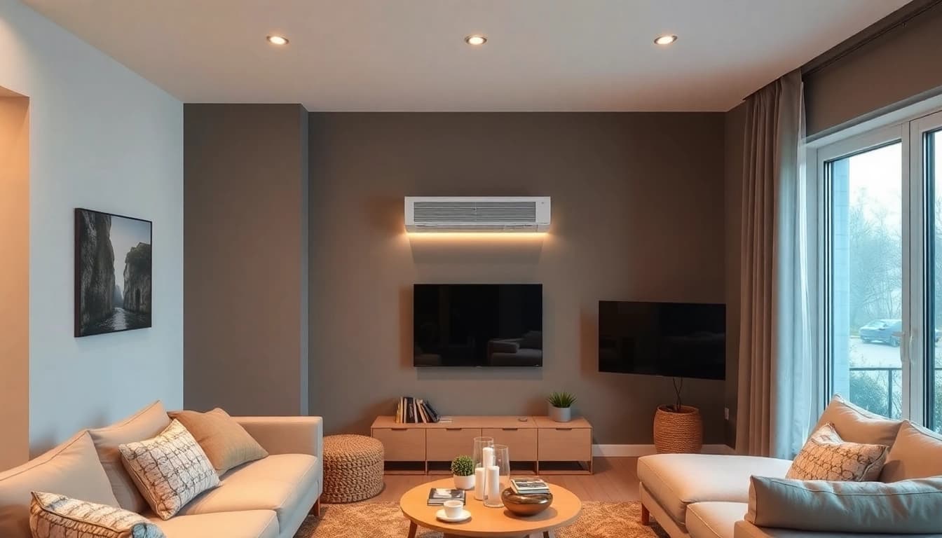 Klimaanlagen kaufen: Elegante Klimaanlage in einem modernen Wohnbereich mit natürlichem Licht und stilvollem Design.