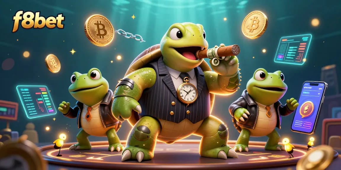 Join the excitement at f8bet with this 3D illustration showcasing a massive turtle in a mobster suit and his bullfrog partners!