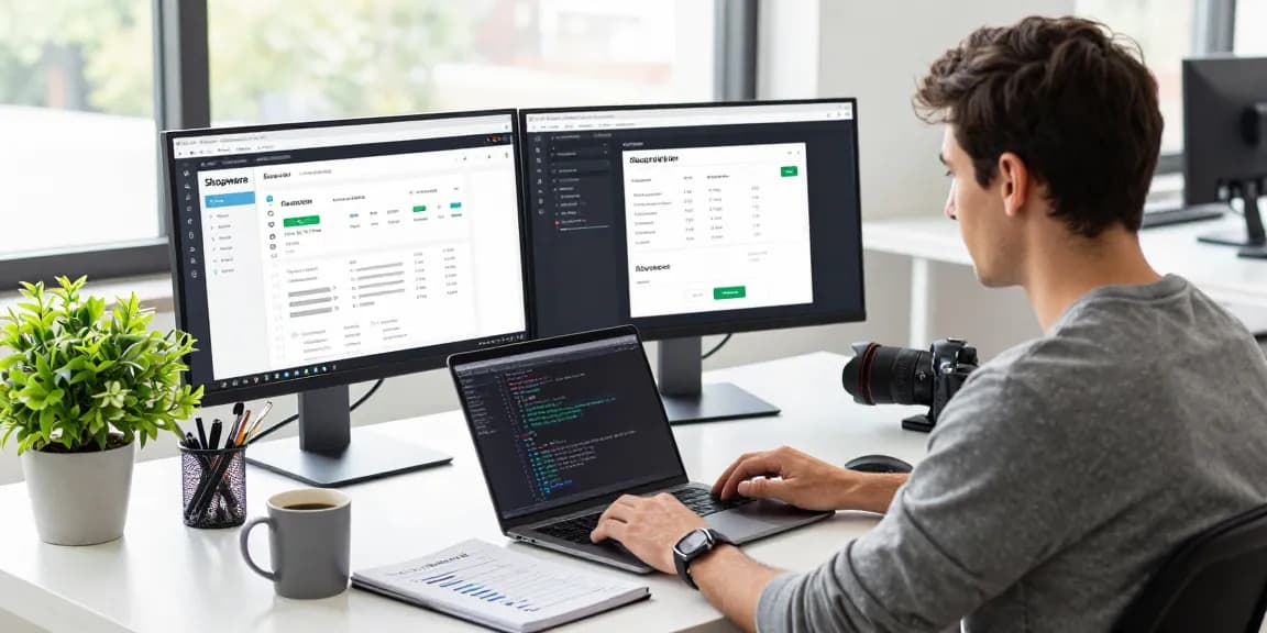 Shopware-Freelancer entwickelt einen Online-Shop in einem modernen Arbeitsumfeld, das mit E-Commerce-Tools und natürlichem Licht gefüllt ist.