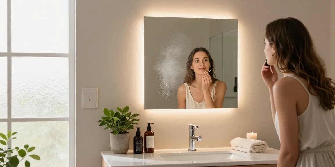 Elegante badkamerspiegel met verlichting en verwarming verbetert de make-upapplicatie in een moderne badkameromgeving.
