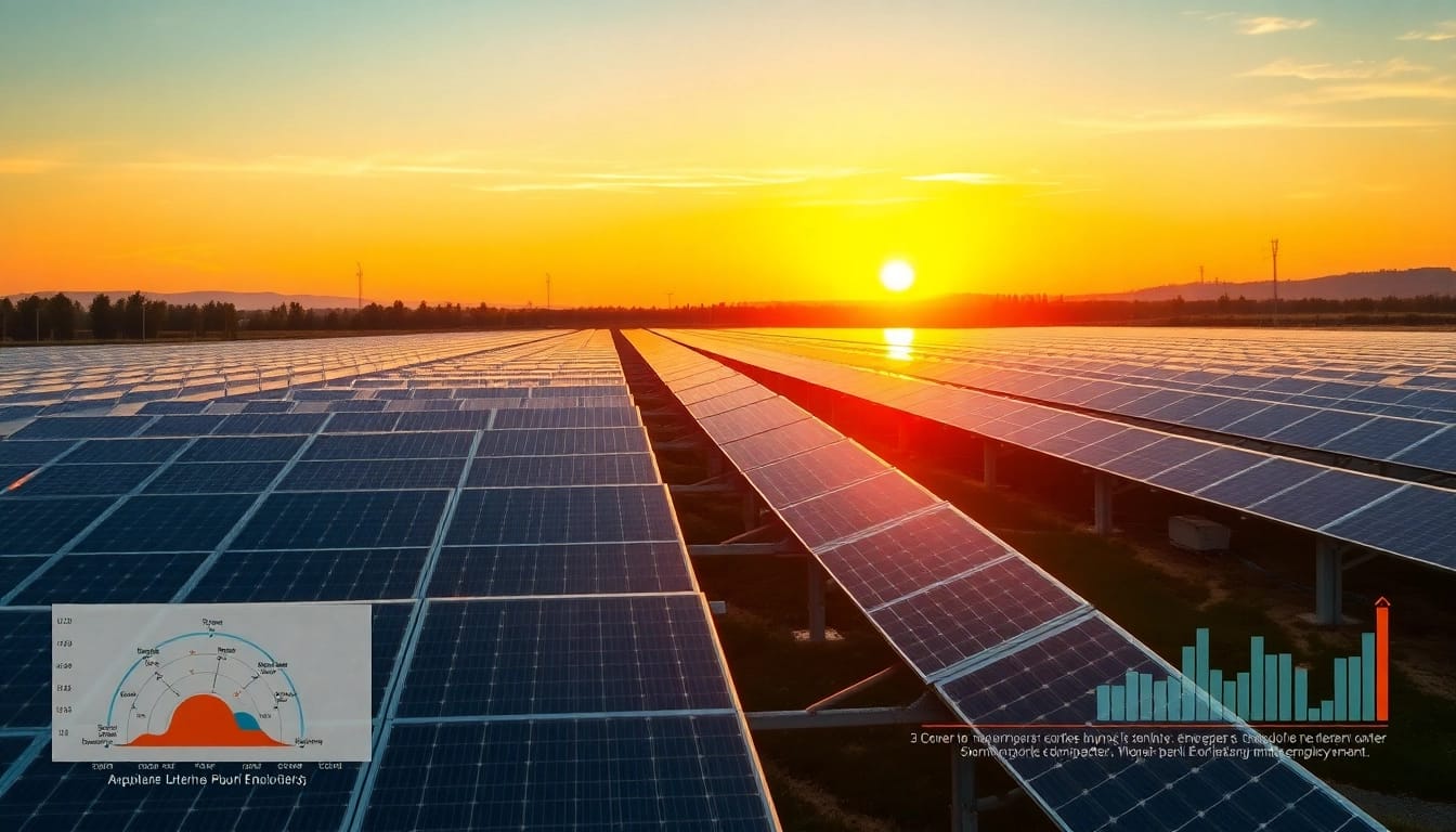 Visualisieren Sie die Vorteile eines Photovoltaik Investments mit einem modernen Solarpark und wirtschaftlichen Diagrammen.