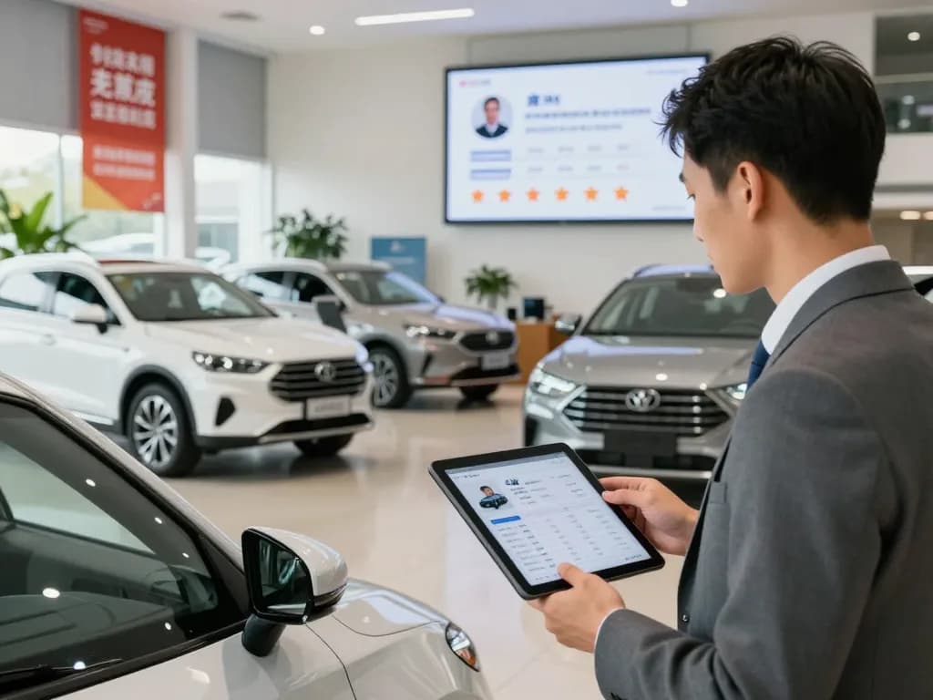 Fachkundige Bewertung von Fahrzeugen in einem Autohandel-Showroom, die Kundenzufriedenheit und transparente Handelspraktiken hervorhebt.
