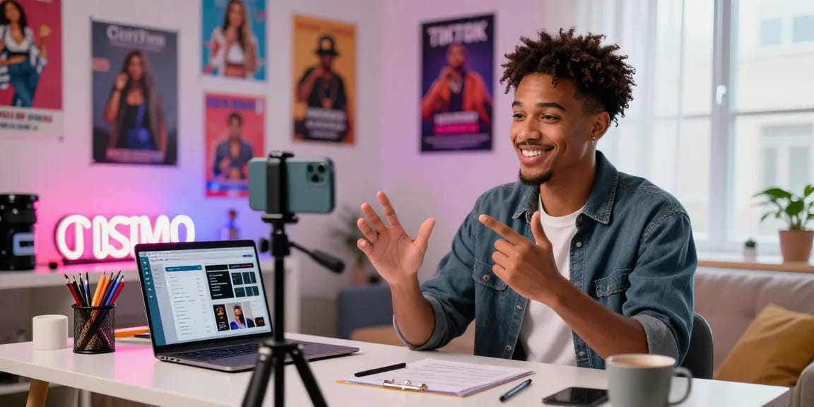 Influencer beim TikTok Likes kaufen für mehr Engagement in inspirierendem Heimstudio