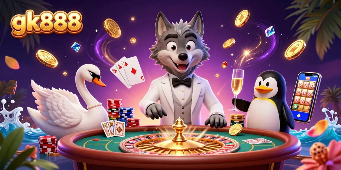 Experience thrilling gameplay with gk888 featuring a debonair wolf at a baccarat table in a vibrant casino scene.