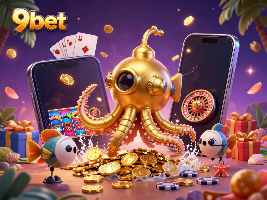 Engage with 9bet's vibrant 3D scene featuring a golden kraken submarine and vivid casino elements.