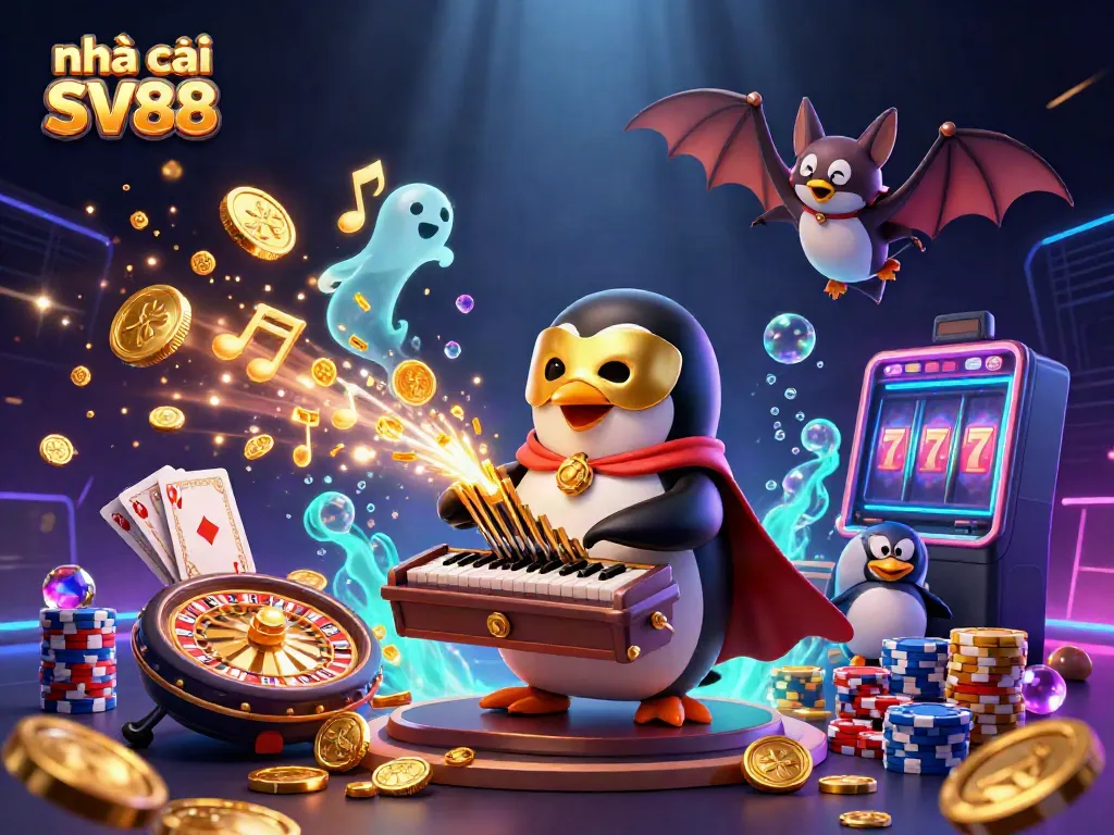 Spin and win at nhà cái SV88 with an enchanting 3D casino illustration featuring a penguin and golden coins.