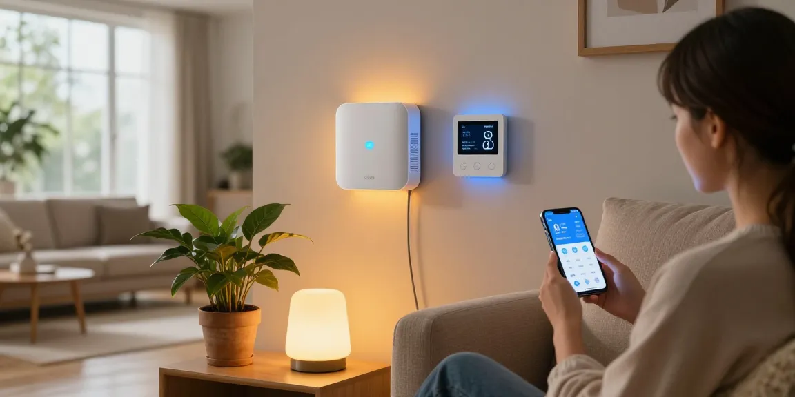 Zigbee-Hub in einem modernen Wohnzimmer, der intelligente Geräte für einen vernetzten Lebensstil steuert.