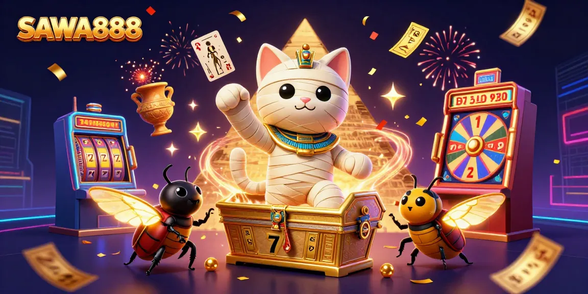 Experience SAWA888's thrilling gaming world with an Egyptian mummy cat and rich slot game elements.