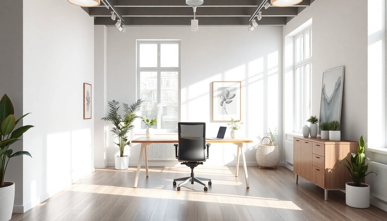 Moderne Büromöbel in einem eleganten Büro mit natürlichem Licht und Pflanzen.