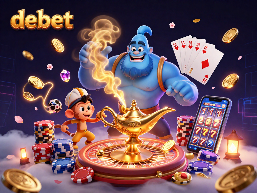 Engage with debet casino's spectacular gaming scene featuring a genie and poker chips in a magical atmosphere.