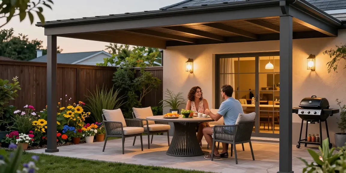 Freistehende Terrassenüberdachung im Garten mit Paar und Möbeln.