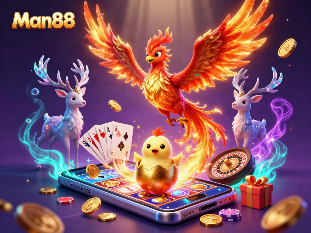 Win big with Man88 in this dynamic casino scene featuring fantasy characters and vibrant gaming elements.