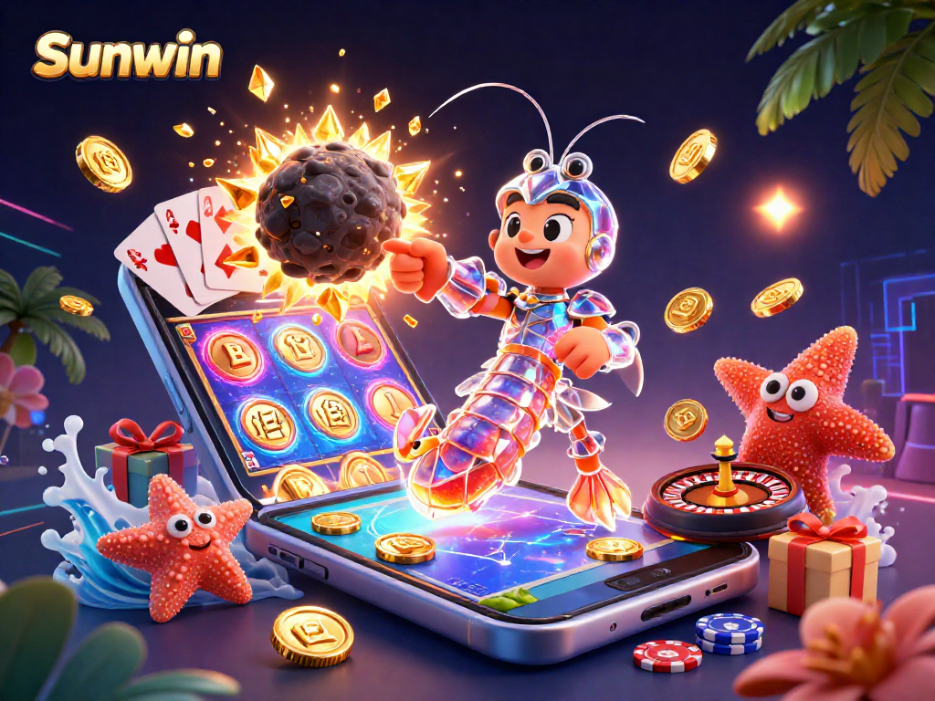 Sunwin's galactic samurai mantis shrimp conquers an asteroid in a vibrant casino universe.