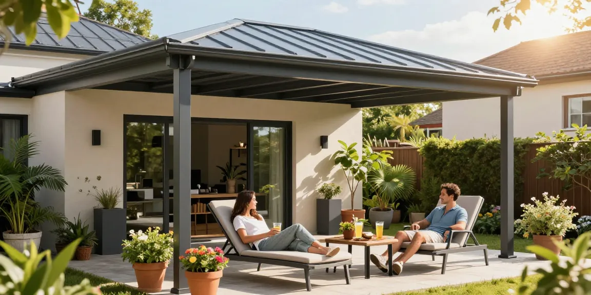 Moderne Terrassenüberdachungen in einem stilvollen Garten mit entspannten Personen und grünen Pflanzen.