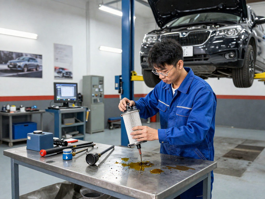 DPF Reinigung Hannover: Mechaniker überprüft Dieselpartikelfilter in einer modern beleuchteten Werkstatt.