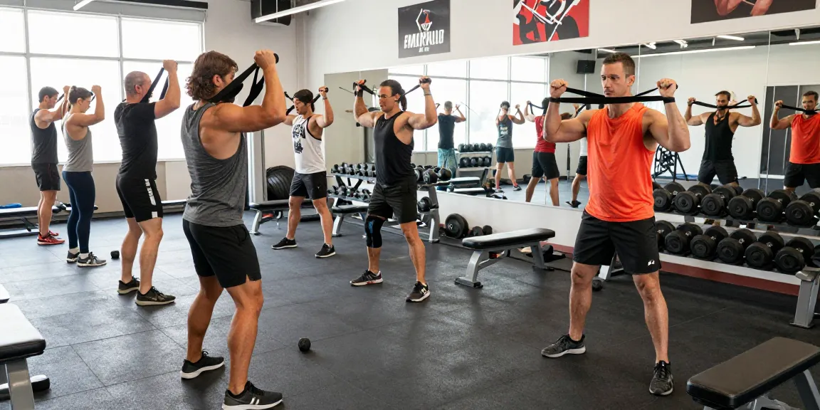 Gruppe von Bodybuildern, die im Fitnessstudio Anabolika Shop Deutschland trainieren und Teamarbeit sowie Stärke zeigen.